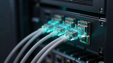 Extreme close-up of high-speed network fiber optic cables glowing with faint cyan light in a dark server room.