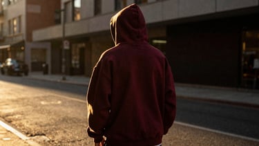 Model from behind on a dark urban city street wearing a heavyweight dark hoodie with gold detailing, dramatic golden-hour backlighting, high-contrast shadows, 35mm film