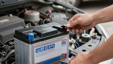 Technician inspecting brake pads on a vehicle in a clean, well-lit garage