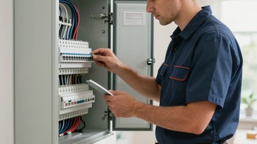 A professional electrician in a clean work uniform with tool belt inspecting a modern electrical panel in a European / Portuguese residential setting. Soft daylight, navy and medium blue color palette, professional photography, focus on safety and precision.