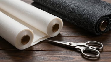 Rolls of premium silk crepe de chine and heavy wool structured on a dark wooden table, silver-gray pattern-drafting shears resting nearby, high-contrast studio lighting.