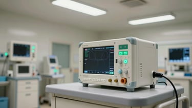 Wide documentary shot of a hospital post-operative recovery suite monitoring station, compact electronic assembly visible on a sterile work surface, overhead fluorescent lighting, clinical green indicator lights, no people, north-facing even lighting