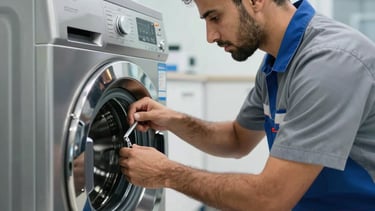A high-resolution photograph of a professional technician in a clean, modern workshop in Sharjah, Middle Eastern / Gulf region. The technician is wearing a neat uniform in professional blue and steel gray, skillfully repairing a modern stainless steel washing machine. The scene is illuminated by bright, clean light that highlights the precision and efficiency of the work.