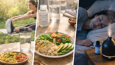 rotina diaria de saude natural manha hidratacao alimentacao equilibrada atividade física e sono reparador