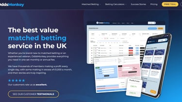 OddsMonkey matched betting service website showing the OddsMatcher tool and mobile app interface.