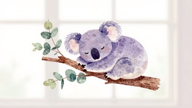 A delicate, hand-drawn watercolor illustration of a comforting koala resting peacefully on a soft eucalyptus branch, minimalist design, gentle lilac and mist blue tones, generous white space