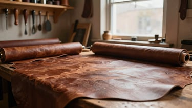 Wide shot of an authentic leather craftsman workshop, rolls of leather, hand tools hanging on wooden walls, soft warm light streaming through a dusty window, 35mm