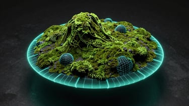 Detailed 3D wireframe of an organic moss-covered structure rotating in a dark digital space, electric turquoise rim lighting