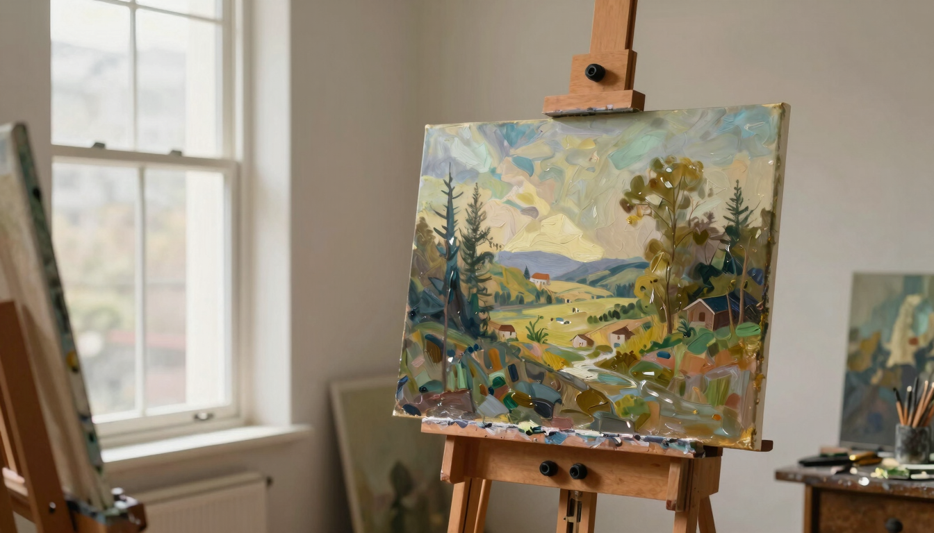 Wide environmental shot of a sunlit artist studio, an easel holding a large landscape painting, soft natural light streaming through a window, minimalist interior