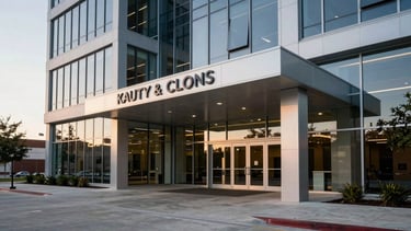 A high-end, minimalist corporate building entrance in Katy, Texas. The scene features clean glass architecture, polished concrete surfaces, and soft evening sunlight reflecting off professional signage. Modern North American / US urban business landscape, wide angle, high contrast.