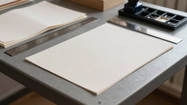 A minimalist studio workspace with heavy paper swatches, metal rulers, and ink plates arranged neatly on a grey steel table, lit by soft natural side-light.