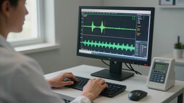 Medium shot of a clinician's hands at a neurofeedback console, adjusting settings on a keyboard while a secondary monitor shows real-time EEG waveforms, natural window light from the left, clinical room, quiet and focused, documentary framing