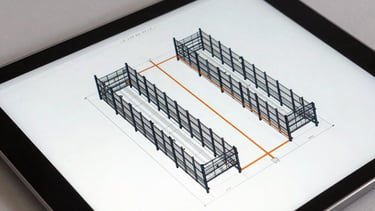 A crisp top-down 3D CAD layout wireframe of a warehouse floor plan on a tablet screen, displaying rack configurations and aisle widths with safety-orange highlighting lines, bright technical lighting.