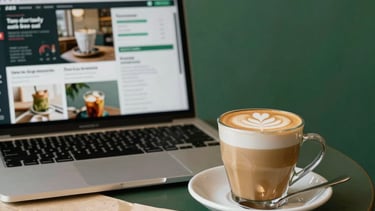 A stylish coffee shop setting, a laptop displaying social media analytics next to a latte, crisp parchment and matte forest green tones.