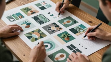 Behind-the-scenes shot of a marketing team reviewing a brand moodboard on a large wooden table, matte forest green accents.