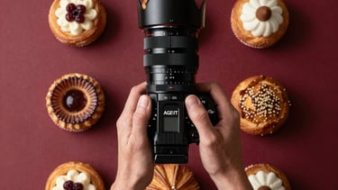 Agency team member taking top-down photos of artisanal pastries, deep crimson and taupe background, soft window light.