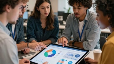 Lifestyle photography of a diverse team in a North American tech hub discussing strategy around a large digital tablet displaying social media analytics.