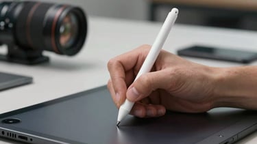 Action photography of a designer's hands using a stylus on a professional tablet, with a blurred modern international studio in the background.