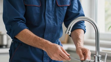 Professional photography of a plumber in a clean, modern Southern European home kitchen in Mieres. The plumber, wearing a neat navy blue work uniform, is precisely installing a chrome faucet. Soft natural lighting from a nearby window, high-quality focus on the hands and tools. Brand colors of soft blue and off-white are present in the environment.