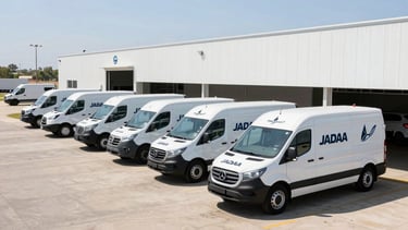 Wide shot of several branded white JADAA fleet vehicles parked in a clean, modern logistics hub, bathed in bright Texas daylight, ready for dispatch. Expansive view of the vehicles and the facility.