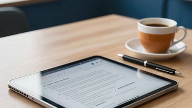A close-up of a modern, organized workspace in a South American professional education center. Soft daylight filters through a window, illuminating a tablet with digital notes, a high-quality pen, and a warm cup of coffee on a clean light-colored wooden desk. The background is a soft-focus Navy Blue wall. Professional, clean, and inviting atmosphere.