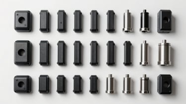 Overhead flat-lay of precision-moulded plastic parts and machined metal components arranged in organized rows on a white studio surface, controlled strobe lighting revealing sharp edges and surface finish, no people, no lifestyle context