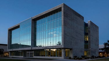Sleek architectural photography of a modern concrete and glass tech facility in Austin, cool dramatic twilight lighting, sharp cyan reflections, 35mm