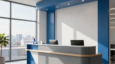 A clean and professional wide shot of a modern Italian office reception area, featuring minimalist architecture and steel blue accents. Bright morning light streams through large windows. The atmosphere is orderly, sophisticated, and trustworthy, perfectly reflecting a high-end cleaning service standard. Southern European setting.