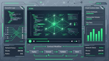clean fintech vector illustration of a video player interface, displaying a software dashboard with smart contract code, slate gray and vibrant green accents, sharp technical UI elements
