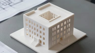 Close-up photography of architectural blueprints and a 3D building model made of white acrylic on a clean charcoal grey desk, Global Professional / International.