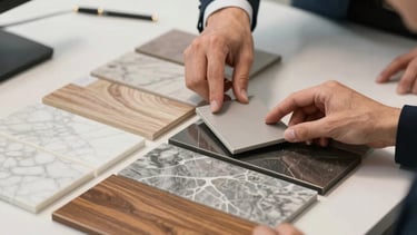 A professional business setting where two people are reviewing a material sample board featuring marble, wood, and metal finishes. Global Professional / International.
