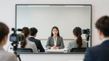 A high-end, clean focus group observation room behind a double-sided mirror, professional recording equipment visible, bright neutral lighting, 35mm
