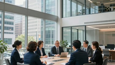 A clean, professional wide-angle photograph of a modern glass-walled corporate office in a North American business district. Experts in professional attire are collaborating in a bright, sophisticated meeting space with natural lighting and soft navy blue accents.