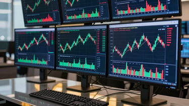 A high-end, professional photography of a modern trading desk in a North American office. A sleek computer setup shows glowing green and red candle charts on multiple screens. The lighting is sophisticated, with deep navy and gold reflections on glass surfaces, conveying a sense of luxury and financial expertise.