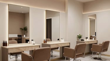 A professional wide-angle interior photograph of a modern unisex salon in a South Asian / Indian urban district. The space features luxury styling stations with minimalist mirrors, warm taupe accents on off-white walls, and sleek light grey flooring. The atmosphere is upscale and inviting, reflecting a premium beauty experience.
