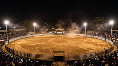 Wide shot of a massive traditional rodeo arena in Brazil at night, warm stage spotlights illuminating the arena, dust in the air, crowd blurred in background.