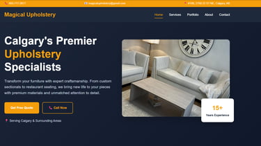 Magical Upholstery website showing custom white leather sofas and a modern coffee table in Calgary.