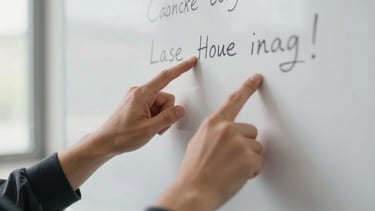 Close-up of hands pointing at handwritten notes on a whiteboard in a spare well-lit room, the writing partially visible but unreadable, natural daylight from the left, sense of active analysis and clarity