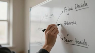 Close-up of a whiteboard covered in handwritten behavioral pattern diagrams and connecting arrows, soft natural window light from the left, a hand holding a marker mid-annotation, warm neutral studio wall in the background