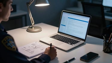 A sharp, high-contrast photograph of a professional investigator's workstation in a North American / US office. A high-end laptop is open next to a notepad filled with analytical diagrams. The room is dimly lit by a desk lamp, emphasizing deep blue shadows and clean off-white surfaces, creating an atmosphere of intense focus and intellectual rigor.