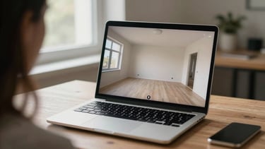 Over-the-shoulder view of a laptop screen displaying an active 360-degree virtual tour of an empty residential interior, neutral daylight from a nearby window illuminating the desk and screen, wide environmental framing showing the full workspace context, no people visible in frame