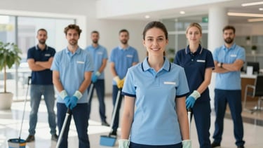 A group of professional cleaners in Turkish / Anatolian corporate environment, wearing sky blue and navy blue uniforms, standing confidently in a bright, modern, and clean commercial lobby. Natural daylight, high-quality photography, clean and professional atmosphere.