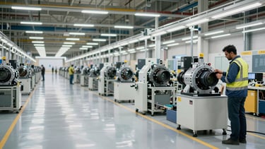 Wide shot of a modern Indian automotive manufacturing floor, clean industrial lighting, with a male engineer in safety gear inspecting a component on the right third, generous negative space.