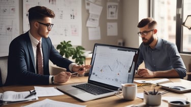 Professionnels analysant des données stratégiques sur un ordinateur dans un bureau.