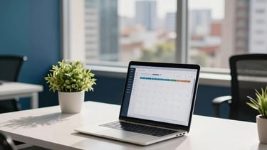 A bright and professional corporate office workspace in South American / Brazilian city, featuring a clean white desk, a modern laptop showing a calendar application, and a small green plant. The background shows a blurred city view through a large window, with sunlight creating a trustworthy and efficient atmosphere. Deep blue and teal color accents are visible in the office decor.