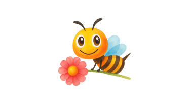 Bernice the bee is flying while holding a pink flower
