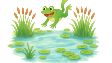 Frodo the frog is happily jumping over a pond.