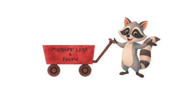 Marbles the racoon and his lost and found wagon