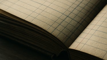 Extreme close-up of heavy cotton paper pages of a classic financial ledger, warm low-contrast library light, soft shadows, classic film style