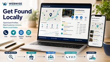 Laptop and smartphone displaying local business SEO profiles and Google Maps search results for local marketing.